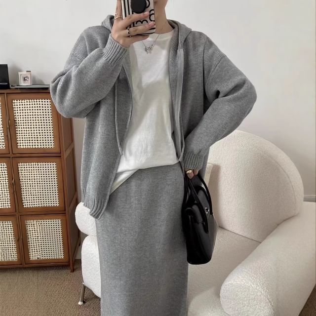 Knit Hoodie and Slit Midi Skirt Set - Zip-Up