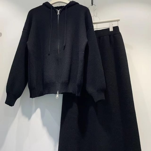 Knit Hoodie and Slit Midi Skirt Set - Zip-Up