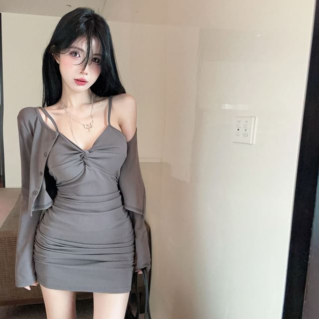 Twisted V-Neck Mini A-Line Dress and Crop Cardigan Set