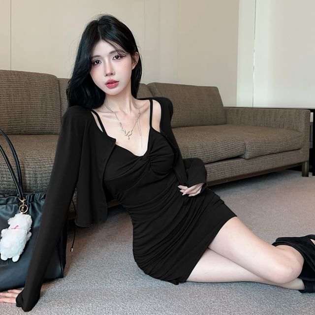 Twisted V-Neck Mini A-Line Dress and Crop Cardigan Set