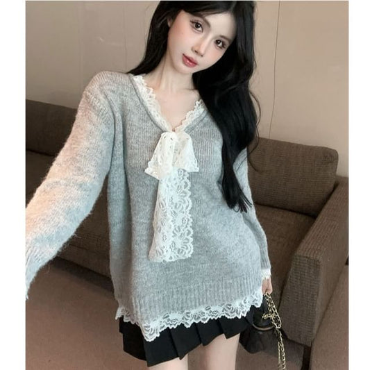 Lace-Trimmed V-Neck Sweater & Pleated Mini Skirt Set