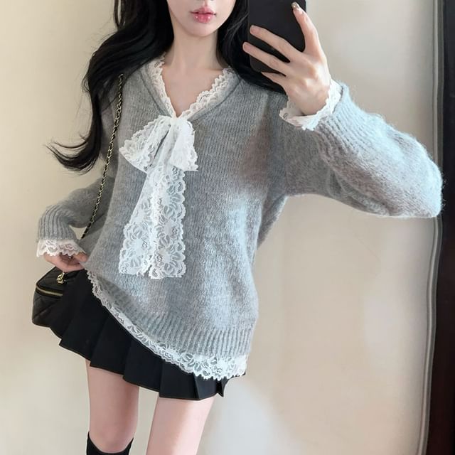 Lace-Trimmed V-Neck Sweater & Pleated Mini Skirt Set