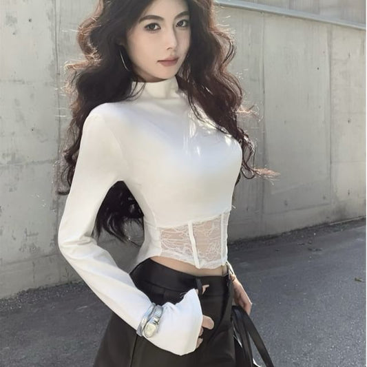 Mock Neck Lace-Trimmed Cropped Long Sleeve Top