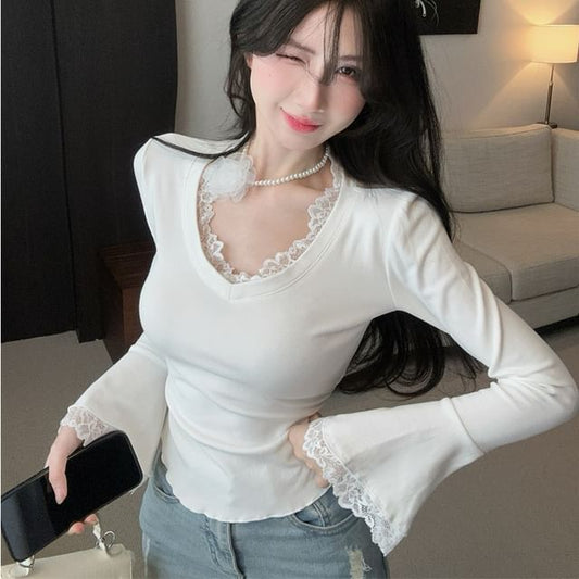 Lace-Trimmed V-Neck Long Sleeve T-Shirt
