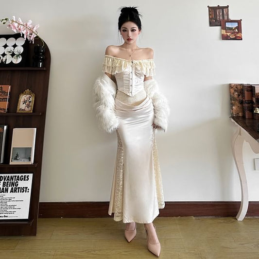 Off-Shoulder Lace Corset Top & Maxi Mermaid Skirt Set