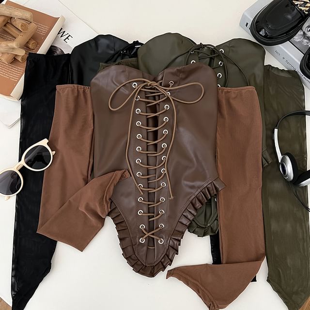 Off-Shoulder Lace-Up Faux Leather Long Sleeve Top
