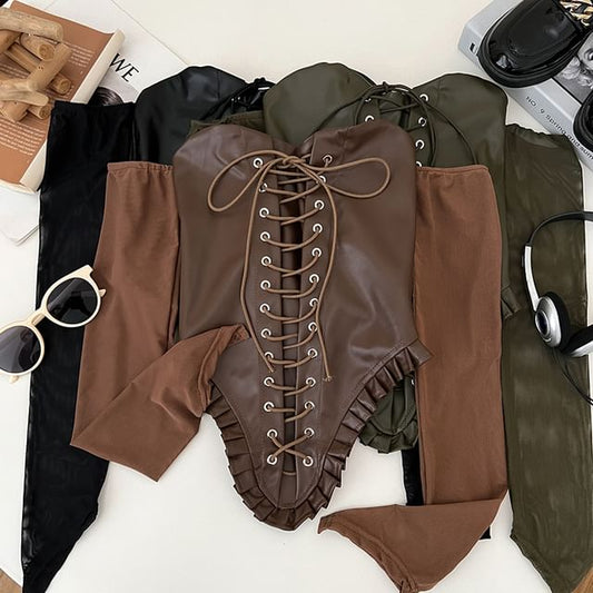 Off-Shoulder Lace-Up Faux Leather Long Sleeve Top