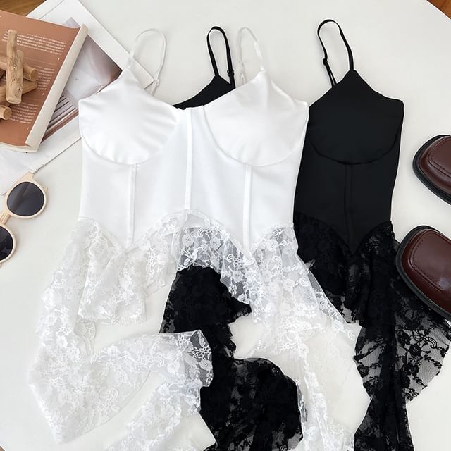 Ruffle Hem Lace Bustier with Spaghetti Straps