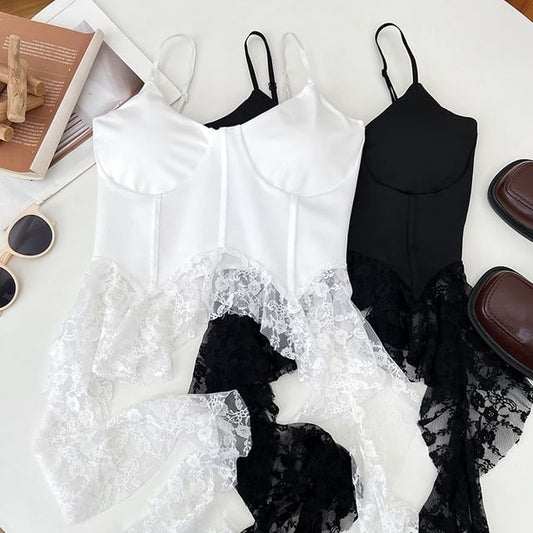 Ruffle Hem Lace Bustier with Spaghetti Straps