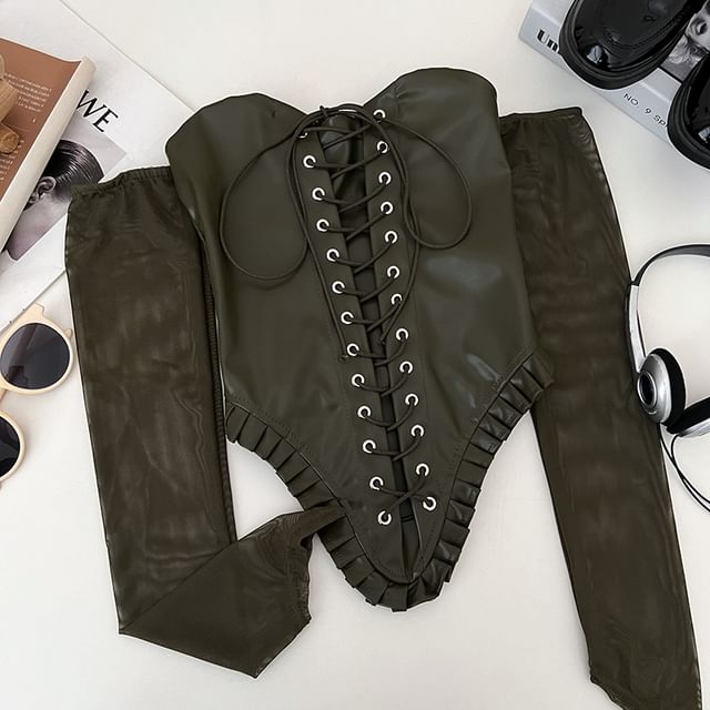 Off-Shoulder Lace-Up Faux Leather Long Sleeve Top
