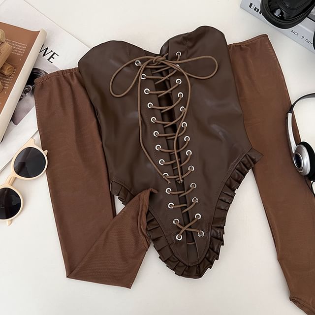 Off-Shoulder Lace-Up Faux Leather Long Sleeve Top