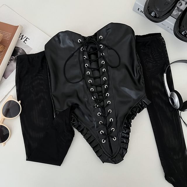 Off-Shoulder Lace-Up Faux Leather Long Sleeve Top