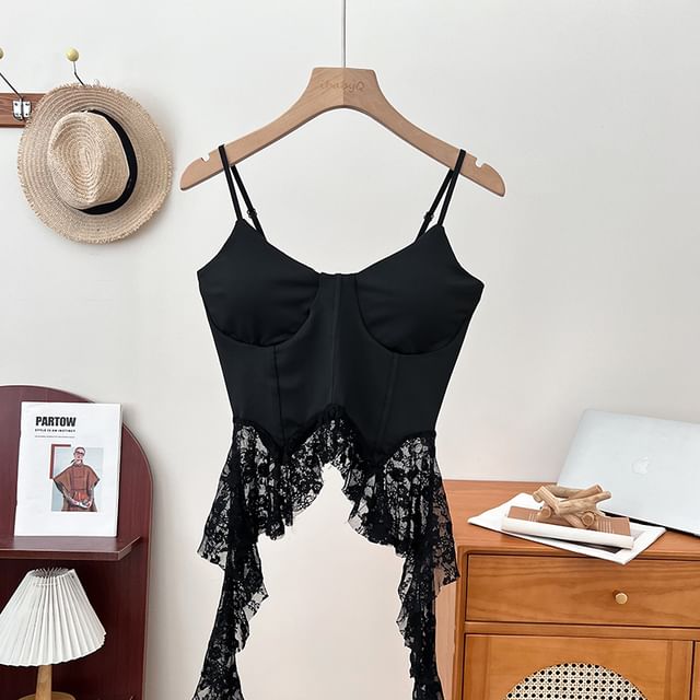Ruffle Hem Lace Bustier with Spaghetti Straps