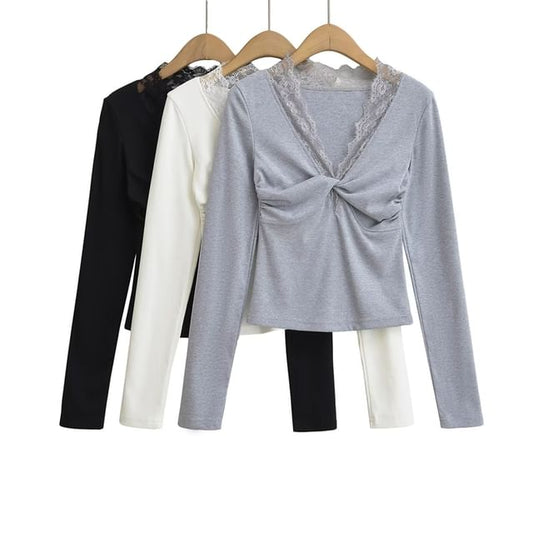 Twisted Front V-Neck Lace-Trimmed Cropped Top