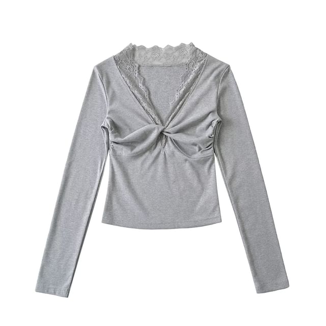 Twisted Front V-Neck Lace-Trimmed Cropped Top