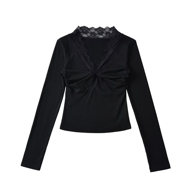 Twisted Front V-Neck Lace-Trimmed Cropped Top