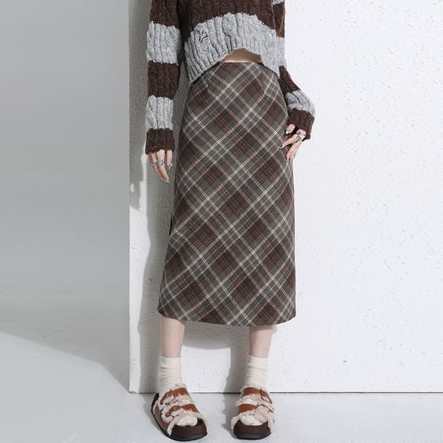 Plaid Slit Midi Straight Skirt - High Waist