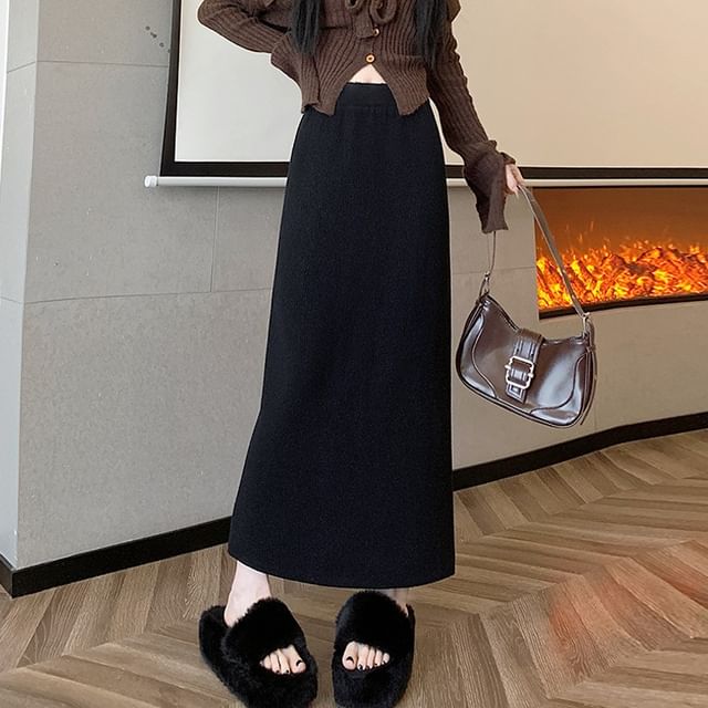Slit Knit Midi Skirt with High Rise