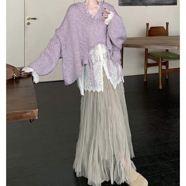 Fringed Henley Sweater with Lace Blouse and Crinkle Skirt