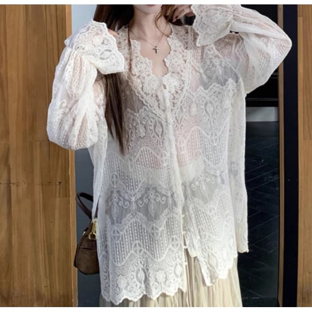 Fringed Henley Sweater with Lace Blouse and Crinkle Skirt