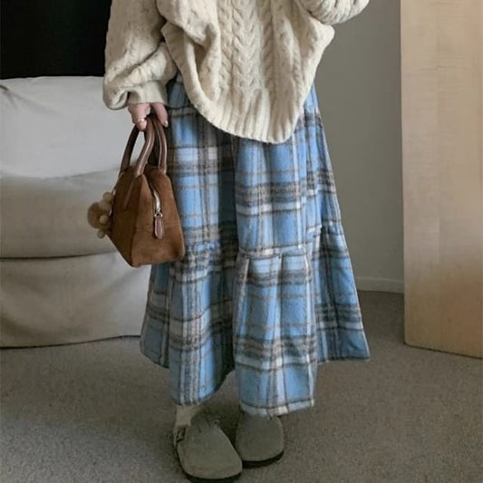 Tiered Plaid Midi Skirt - High Waist