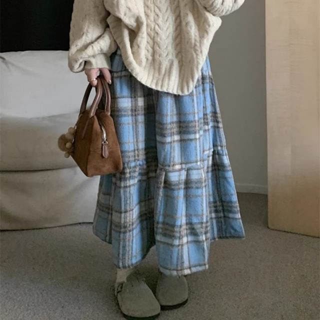 Tiered Plaid Midi Skirt - High Waist