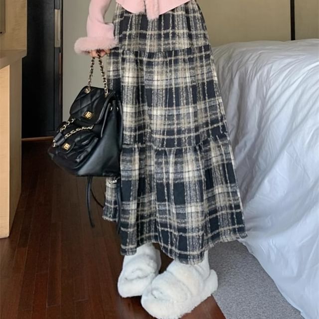 Tiered Plaid Midi Skirt - High Waist