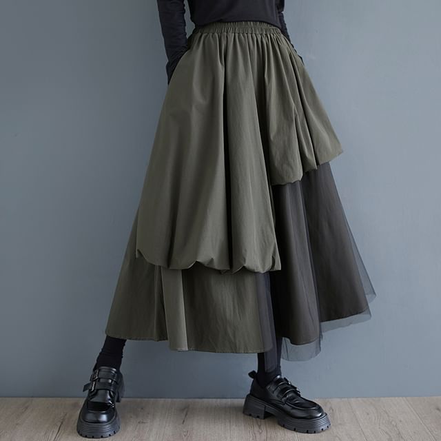Mesh Panel Midi Skirt with Elastic Waist and A-Line Cut