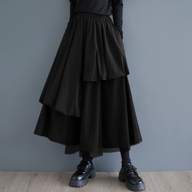 Mesh Panel Midi Skirt with Elastic Waist and A-Line Cut