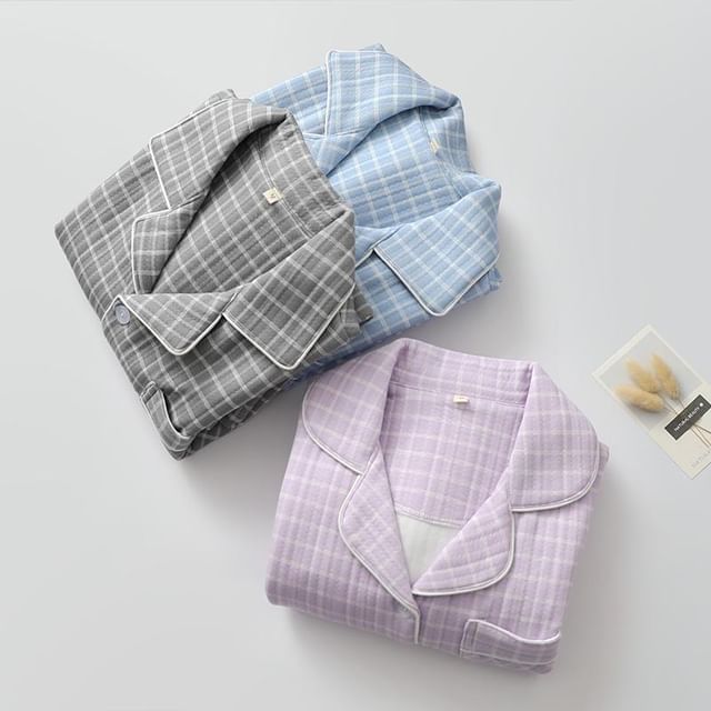 Couple Matching Pajama Set: Long Sleeve Collared Plaid Shirt + Elastic Waist Straight Leg Pants (Various Designs)