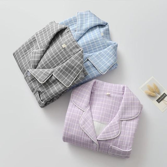 Couple Matching Pajama Set: Long Sleeve Collared Plaid Shirt + Elastic Waist Straight Leg Pants (Various Designs)