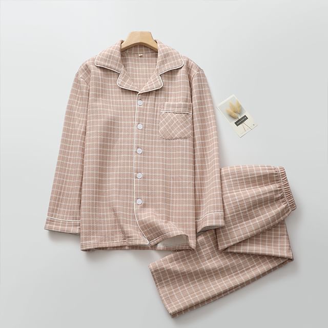 Couple Matching Pajama Set: Long Sleeve Collared Plaid Shirt + Elastic Waist Straight Leg Pants (Various Designs)