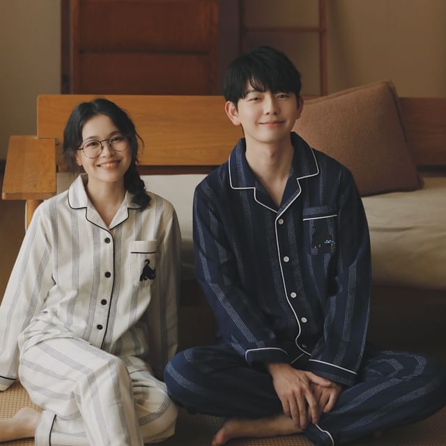 Couple Matching Pajama Set: Long Sleeve Collared Striped Shirt + Straight Leg Pants (Various Designs)