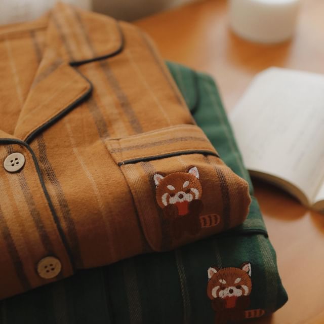 Couple Matching Pajama Set: Long Sleeve Collared Cartoon Embroidered Striped Shirt + Straight Leg Pants (Various Designs)