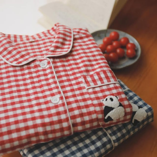 Couple Matching Pajama Set: Long Sleeve Collared Plaid Shirt + Straight Leg Pants (Various Designs)