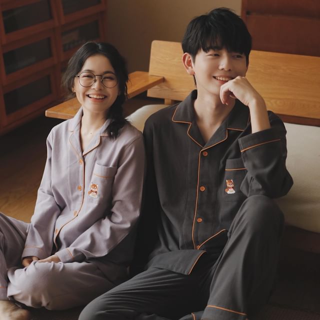Couple Matching Pajama Set: Long Sleeve Collared Cartoon Embroidered Contrast Trim Shirt + Straight Leg Pants (Various Designs)