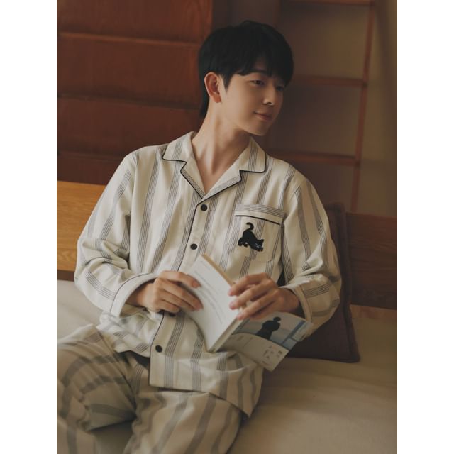 Couple Matching Pajama Set: Long Sleeve Collared Striped Shirt + Straight Leg Pants (Various Designs)