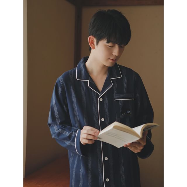 Couple Matching Pajama Set: Long Sleeve Collared Striped Shirt + Straight Leg Pants (Various Designs)