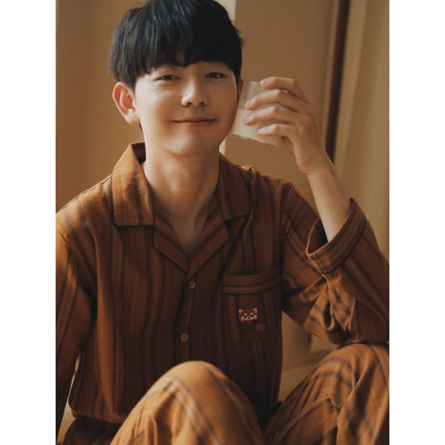 Couple Matching Pajama Set: Long Sleeve Collared Cartoon Embroidered Striped Shirt + Straight Leg Pants (Various Designs)