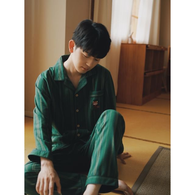 Couple Matching Pajama Set: Long Sleeve Collared Cartoon Embroidered Striped Shirt + Straight Leg Pants (Various Designs)