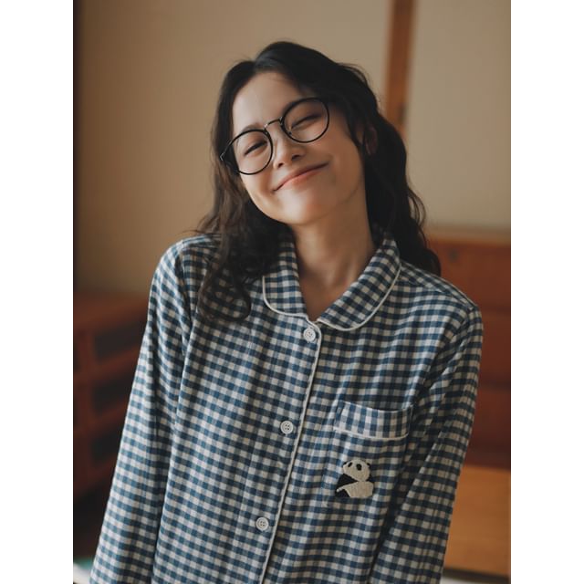 Couple Matching Pajama Set: Long Sleeve Collared Plaid Shirt + Straight Leg Pants (Various Designs)