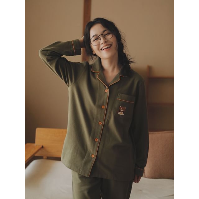 Couple Matching Pajama Set: Long Sleeve Collared Cartoon Embroidered Contrast Trim Shirt + Straight Leg Pants (Various Designs)