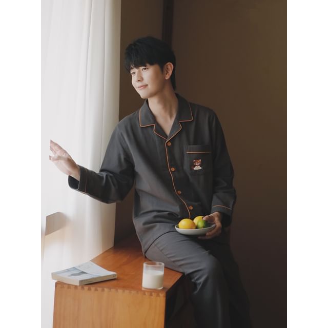 Couple Matching Pajama Set: Long Sleeve Collared Cartoon Embroidered Contrast Trim Shirt + Straight Leg Pants (Various Designs)