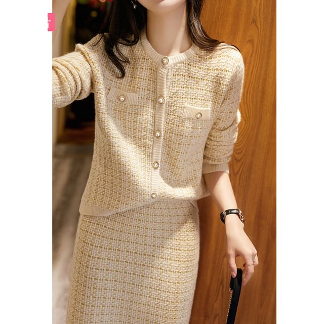 Plaid Cardigan and High-Rise Pencil Skirt Two-Piece Set