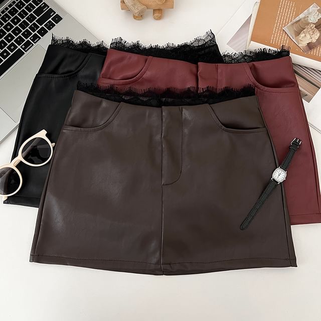 Lace-Trimmed Faux Leather Mini Skirt with A-Line Silhouette