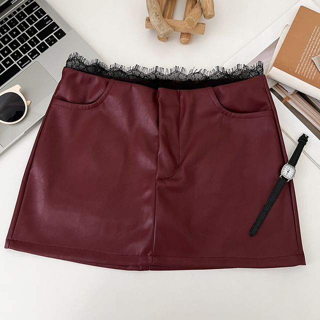 Lace-Trimmed Faux Leather Mini Skirt with A-Line Silhouette