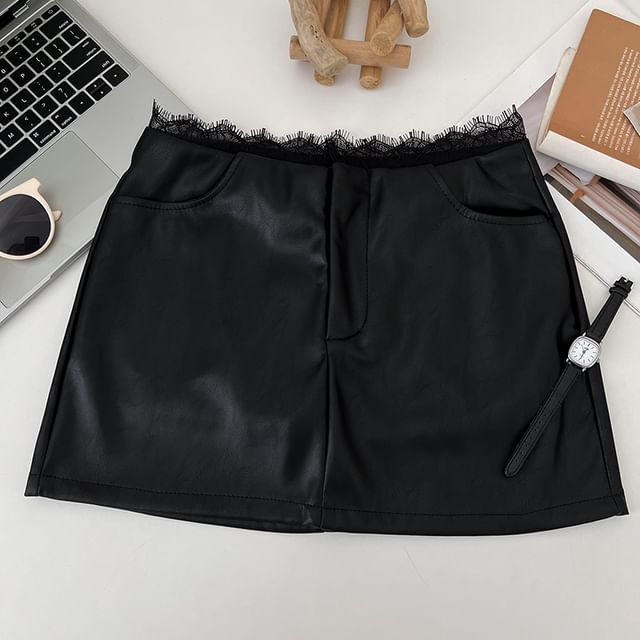 Lace-Trimmed Faux Leather Mini Skirt with A-Line Silhouette