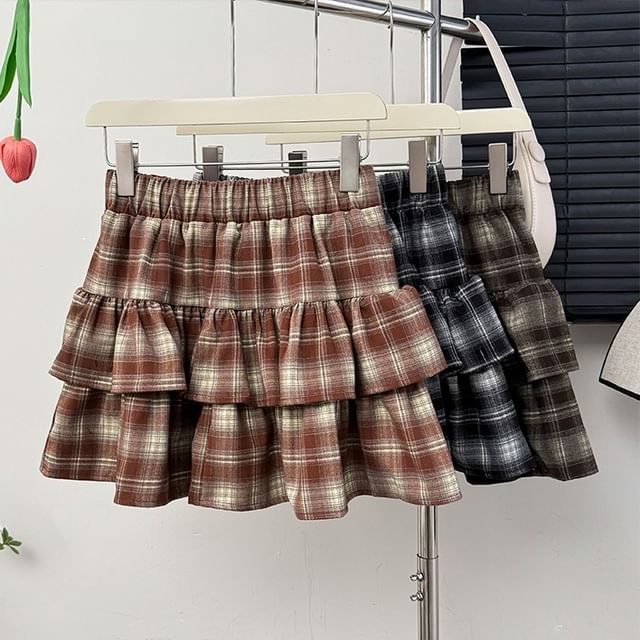 Tiered Plaid High-Rise A-Line Skirt