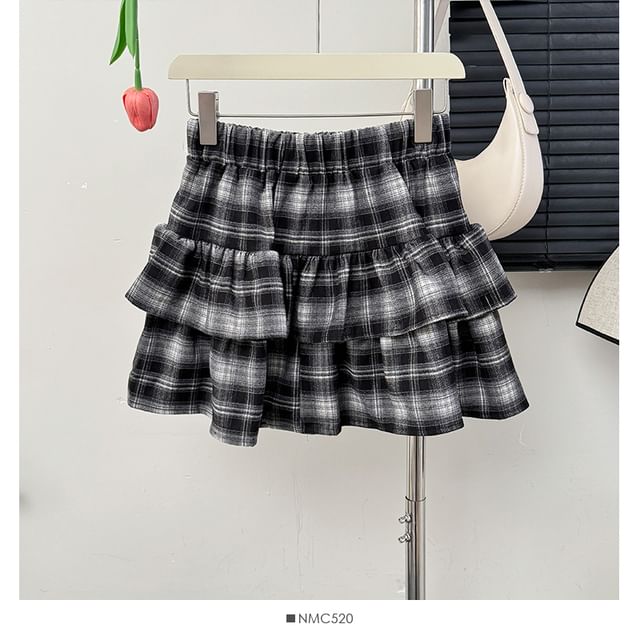 Tiered Plaid High-Rise A-Line Skirt