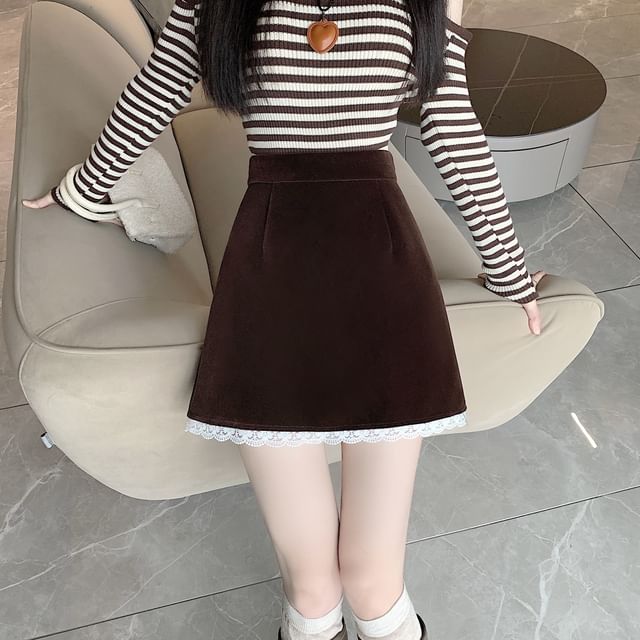 Velvet Mini A-Line Skirt with Contrast Lace Trim